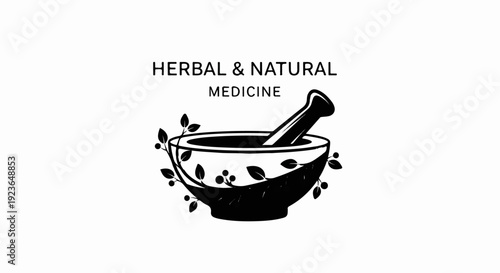 Herbal and natural medicine depicted with a mortar and pestle and botanical elements