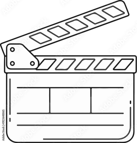 Minimalist graphic of a film clapperboard with open top slate and black lines