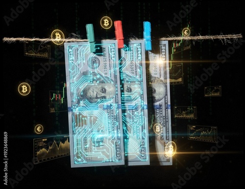 A conceptual image illustrating the fusion of traditional currency with digital finance and cryptocurrency, featuring glowing circuit patterns on dollar bills amidst Bitcoin symbols and financial data