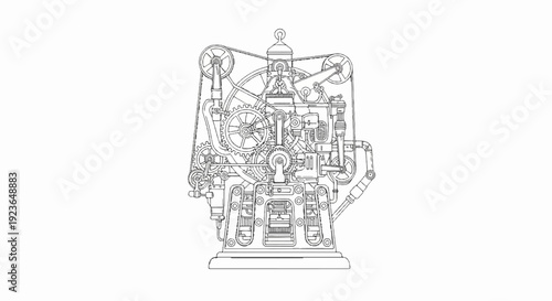 Intricate line drawing of a complex mechanical contraption with gears, pulleys, and pipes