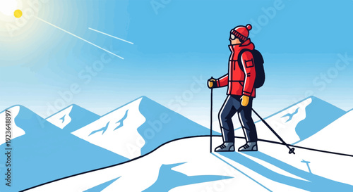 Hiker with backpack and poles on snowy mountain peak under bright sun