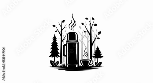Hot drink in thermos and cup amidst a forest scene