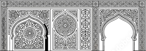 Intricate, monochromatic archways and panels with ornate geometric and floral patterns