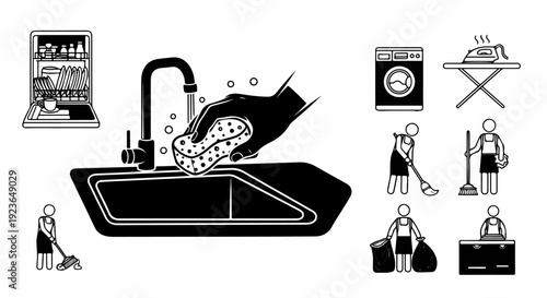 Household chores dishwashing, mopping, ironing, laundry, cleaning, trash disposal