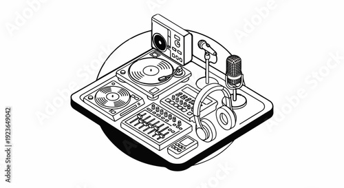 Isometric illustration of DJ equipment with turntables, mixer, headphones, and microphone