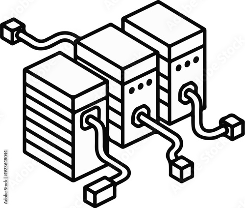 Isometric line art of three connected computer servers with cables
