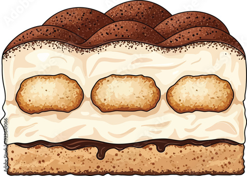 A slice of creamy tiramisu dessert with ladyfingers and chocolate powder on top