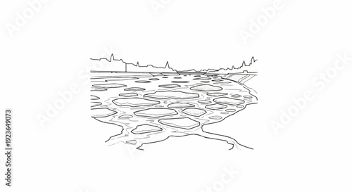 Ice floes drift in frigid waters, a city skyline looms in distance