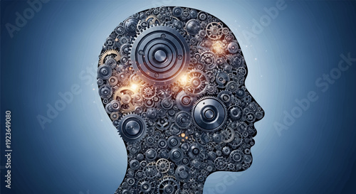 Human head profile filled with intricate metallic gears and glowing lights