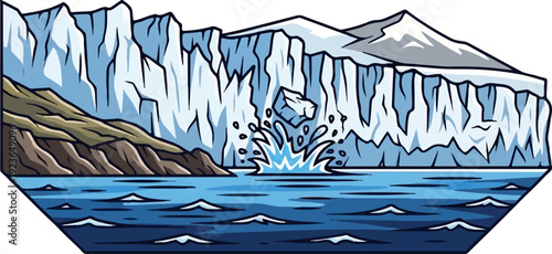 Iceberg calving into the ocean with mountains in background