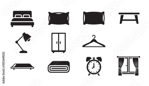 Modern bedroom furniture and decor icons set