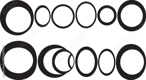 Black and white illustration of various sized circles and rings