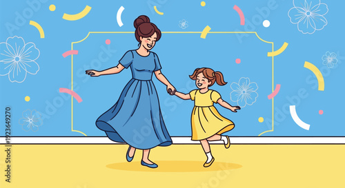 A cartoon illustration of a woman and a little girl dancing together.