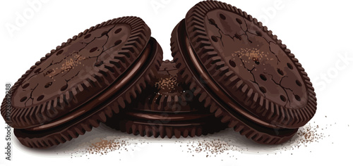 A stack of delicious dark chocolate sandwich cookies on a white background