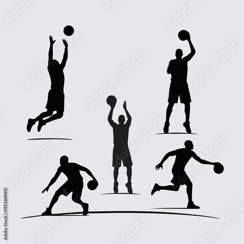 Basketball Player Silhouettes Set, Action Poses of Athletes Dribbling and Shooting