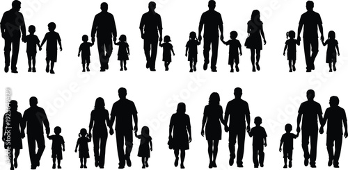 family, parents, children, walking, together, parenthood, childhood, bonding, silhouette, people, relationship, love, care, protection, unity, lifestyle, support, trust, icon, vector