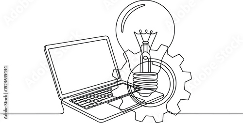 Continuous line drawing illustrates the essential concept of innovation development through technology and mechanical process integration for business solutions
