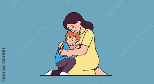 Woman comforting a young child.