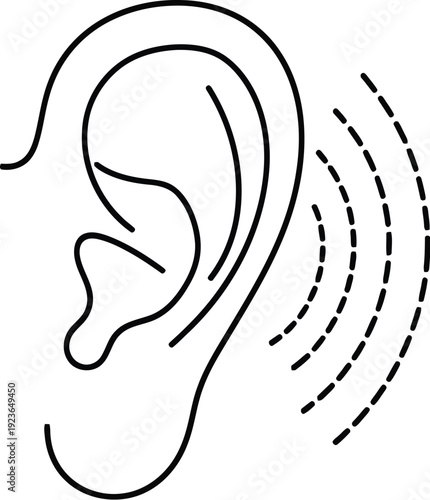 This minimalist line art illustration captures the human ear with sound waves radiating, symbolizing the concept of hearing and active listening for various communication and audio applications.