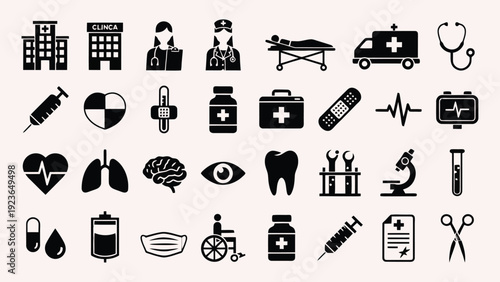 Medical icons set in black vector style featuring various symbols and silhouettes for web and business design