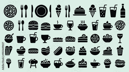 Food and drink icon set with coffee tea cake and kitchen items