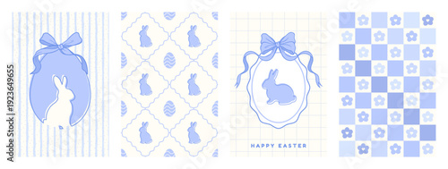 Happy Easter seamless pattern and greeting card set. Cute design with bunny, egg and bow. Poster in pastel blue tones. Whimsical striped and checkered background. Vector illustration
