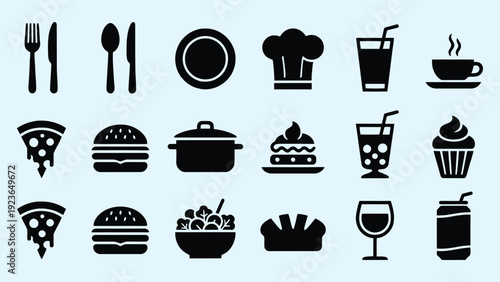 Food and drink icons set with kitchen, restaurant, and cooking symbols in vector style