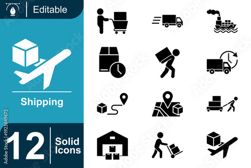 Shipping and delivery icons set representing logistics, transport, and global commerce with airplane, truck, and warehouse visuals for supply chain management