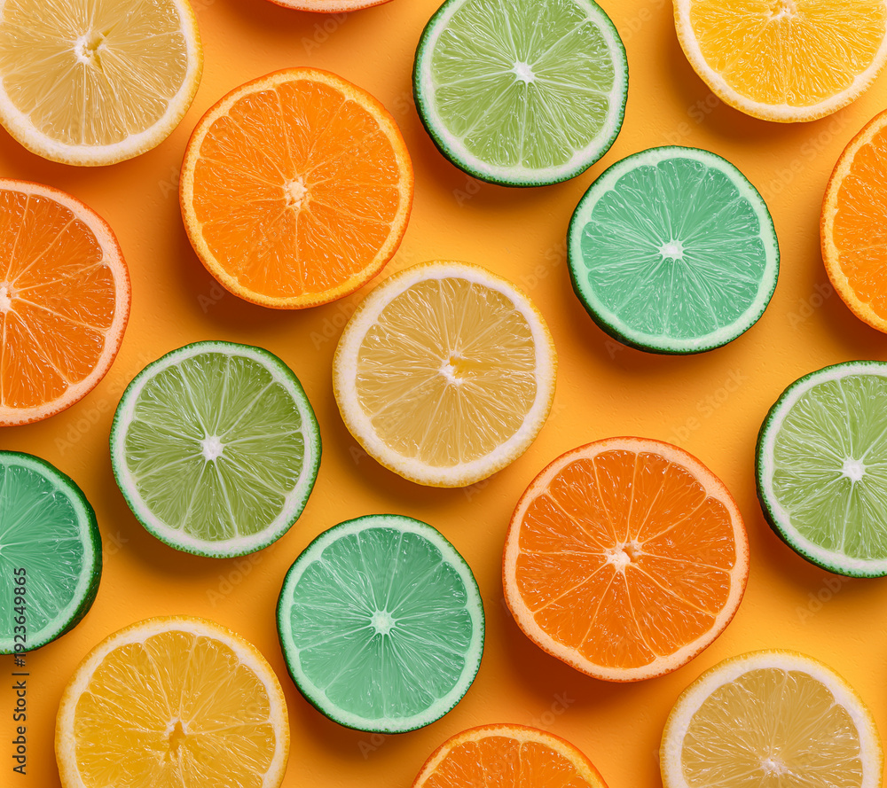 Fototapeta premium Vibrant citrus slices in orange background