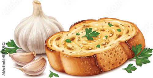 A delicious illustration of garlic bread with fresh parsley and whole garlic bulbs on a white background