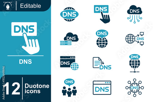 Collection of 12 duotone icons representing Domain Name System (DNS) services, cloud computing, network connectivity, and internet technology solutions for web development