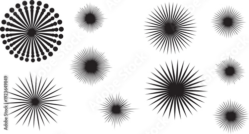 Black and white abstract shapes with radial lines pattern