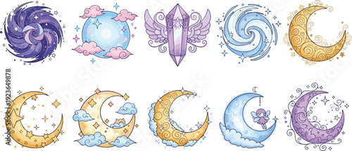 Celestial Moon and Galaxy Icon Collection with Crescent Moons, Swirling Stars and Fantasy Sky Elements for Magical Illustration Designs