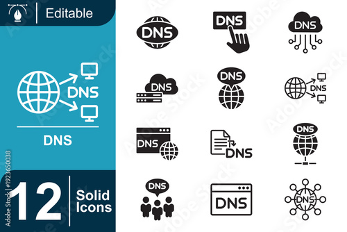 DNS Icons Set Collection of Domain Name System related graphic symbols and web connectivity illustrations on a clean background for technology and network design