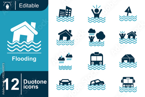 Flood Disaster Icons Set Representing Flooding Events, Natural Disasters, and Emergency Preparedness with Clear Visuals