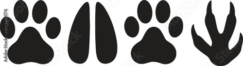 Animal tracks paw hoof bird print icons, wildlife footprint identification vector illustration, outdoor nature silhouette design black white representation