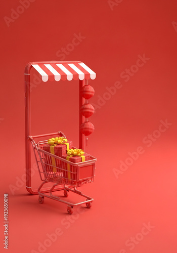 赤い背景の上のカートのギフトの魅力的な表示