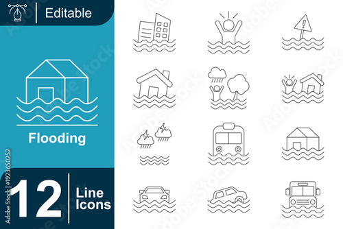 Collection of line art icons representing various aspects of flooding, including submerged buildings, cars, and natural disasters, suitable for informational and educational content