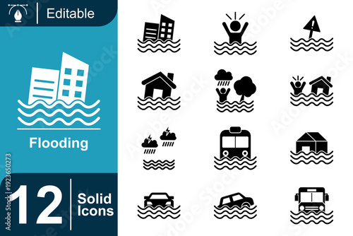 Collection of 12 solid and editable icons illustrating various aspects of flooding, including submerged buildings, cars, and people in water