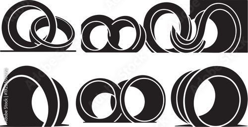 Black and white abstract shapes and swirling geometric patterns