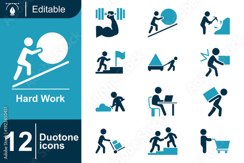 Hard Work Duotone Icons A collection of 12 vector illustrations representing effort, progress, and dedication in various professional and personal pursuits