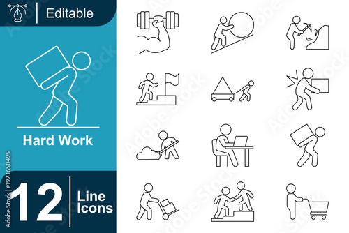 Illustrations of hard work and effort a collection of line art depicting physical labor, challenges, and perseverance in various scenarios and professions, conveying dedication and diligence