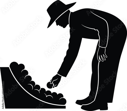 Farmer Harvest Agriculture Picking Orchard Worker Rural Farming Silhouette Man Fruit Labor Countryside Plantation Gathering Crop Grower Vintage Hat Collecting Produce Field