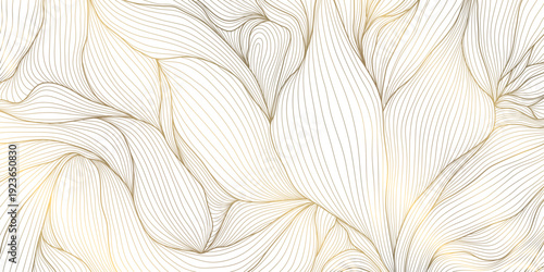 Luxury botanical pattern, elegant gold line leaves, floral elements on white background. Modern vector illustration Japanese and Chinese ornament, vintage deco style, wedding cards, spa