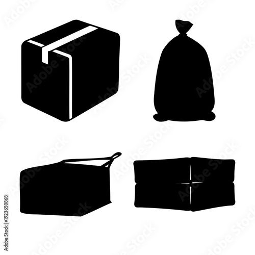 Silhouettes of various packaging, storage, and waste containers including boxes and bags