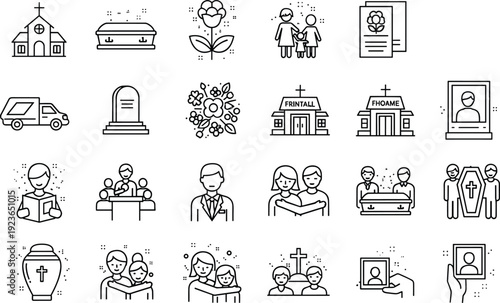 Funeral and memorial service line icon set featuring church, coffin, gravestone, hearse, mourning family, funeral director, flowers, and cemetery symbols, vector.