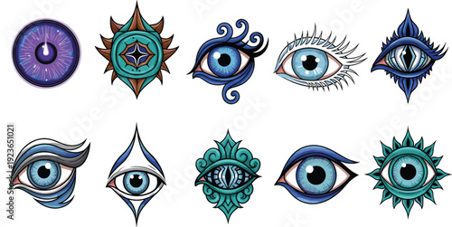 Mystical Eye Symbol Collection with Ornamental Frames, All Seeing Eye Designs and Spiritual Esoteric Illustration Set for Tattoo and Logo Use