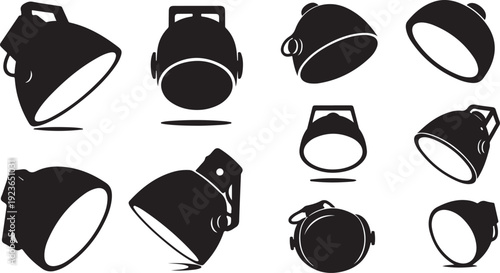 Collection of various stage lights and spotlights in black