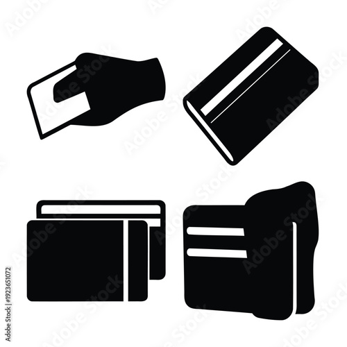 Set of payment card icons featuring a hand holding a card and multiple stacked cards
