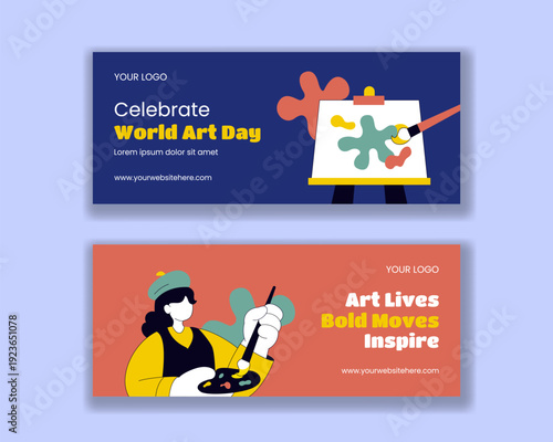 Horizontal Banner Flat Hand Drawn Cartoon for World Art Day Celebration
